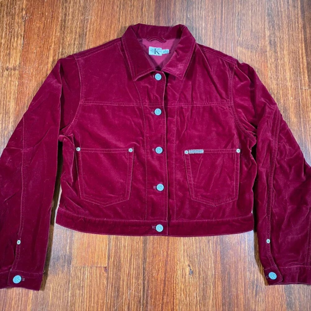 CK CALVIN KLEIN JEANS 90's RED VELVETEEN CROPPED TRUCKER JACKET |  SUPER RARE - Picture 13 of 14